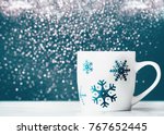 white mug with snowflakes on... | Shutterstock . vector #767652445