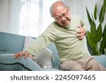 Small photo of Senior man bad pain hand touching chest having heart attack, Asian older man have congenital disease suffering from heartache alone at home his heart aches, Old age retirement health problems diseases