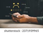 Small photo of Customer dissatisfaction concept. Unhappy person hold mobile phone with one star rating. Expressing disappointment, sadness. Bad reviews, bad service low satisfaction. business reputation