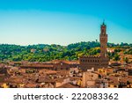 Florence, Italy. Cityscape with tiled roofs and Palazzo Vecchio in the distance
