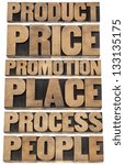 Small photo of marketing strategy concept - 6P of marketing - product, price, promotion, place, process, people - collage of isolated words in vintage letterpress wood type blocks