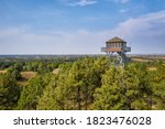 lookout tower in Nebraska National Forest, aerial view of early fall scenery, travel concept