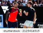 Small photo of MELBOURNE, AUSTRALIA - JANUARY 23: Nick Kyrgios with Thanasi Kokkinakis of Australia, against Ariel Behar of Uruguay and Gonzalo Escobar of Ecudor in the 2022 Australian Open at Melbourne Park