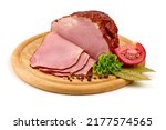 Small photo of Sliced smoked pork loin, isolated on white background