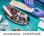 Small photo of Nurse prepares Venous catheters of Long Duration in a hospital, Accessing Indwelling Central Venous Lines, conceptual image