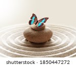 zen garden meditation stone background and butterfly with stones and circles in sand for relaxation balance and harmony spirituality or spa wellness.