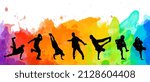 Small photo of Detailed illustration silhouettes of expressive dance colorful group of people dancing. Jazz funk, hip-hop, house. Dancer man jumping on white background. Happy celebration brakedance b boy