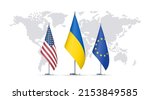 flags of Ukraine and NAO US, EU. Realistic 3d Ukrainian illustration with flags of Ukraine and united states, European Union isolated on a white background. Europe Pray and Support for Ukraine banner