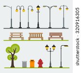 Light posts and outdoor elements for construction of landscapes. Vector flat illustration