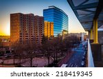 View of buildings along 11th Street at sunset in downtown Wilmington, Delaware, from the City Center Parking Garage.