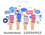 hands holding smartphones with... | Shutterstock .eps vector #1203565915