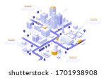 Isometric map of city downtown or business district, industrial zone and suburban area with paper white buildings, houses and skyscrapers. Modern infographic design template. Vector illustration.