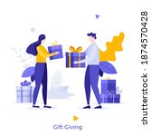 man and woman giving gifts or... | Shutterstock .eps vector #1874570428