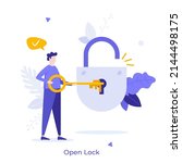 person opening padlock with key.... | Shutterstock .eps vector #2144498175