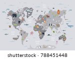world map with wild animals... | Shutterstock .eps vector #788451448