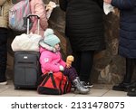 Small photo of Lviv, Ukraine - March 2, 2022. Evacuees from eastern Ukraine near the railway station in western Ukrainian city of Lviv.