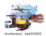 Small photo of Global business of Container Cargo freight train for logistic import export, Business logistics concept , Air cargo trucking , rail transportation , maritime shipping , On-time delivery