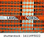 orange sign work in progress at ... | Shutterstock . vector #1611495022