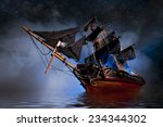 Model pirate ship with fog and...
