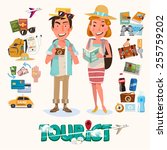 couple of tourist with gadget... | Shutterstock .eps vector #255759202