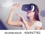 Woman in vr headset looking up...