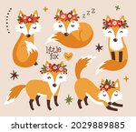 vector set of smiling fox with... | Shutterstock .eps vector #2029889885