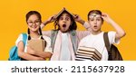 Small photo of Education Concept. Set portrait of diverse schoolchildren posing looking at camera, holding stack of academic books and wearing backpack, yellow orange color studio background, panorama banner