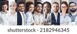 Small photo of Human resources database concept, web-banner. Happy multiethnic young people in formal outwear smiling at camera, collection of candid headshots in a row, collage, panorama