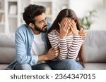 Small photo of Loving husband indian man comforting consoling upset crying wife woman, giving psychological support care compassion, helping sharing grief or problem, miscarriage, empathy in couple relationships