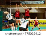 Small photo of ODESSA, UKRAINE - September 12, 2017: 2018 CEV Volleyball Cup - Women. Played Khimik YUZHNY (Ukraine) - white and Zesar VFM Franches-Montagnes (Switzerland) - red. Stressed women's volleyball game