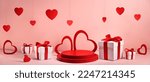 Small photo of Cylinder pedestal podium,gift boxes and red hearts. Valentine scene for products showcase