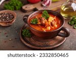 Goulash soup with beef, sweet pepper and potatoes. Stew of meat and vegetables, flavored with paprika. Hungarian cuisine. 