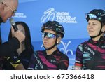 Small photo of SACRAMENTO - MAY 14: Trixi Worrack (GER) speaks with race announcer Dave Towle before the start of stage 4 at the Amgen Tour of California Women's race on May 14, 2017 in Sacramento, California.