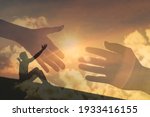 Young man with arms up to the sky asking for help. Helping hand, and salvation concept. 