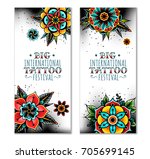 old school tattoo art flowers... | Shutterstock .eps vector #705699145