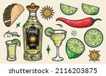 Colorful vintage stickers set of tequila bottle, margarita glass with salt on rim, shot with lime slice, sun and taco, vector illustration