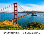 Classic panoramic view of famous Golden Gate Bridge seen from Battery Spencer viewpoint - San Francisco, California, USA