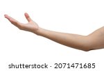 Small photo of Close up woman hand holding something like a bottle or can isolated on white background with clipping path.