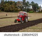 Small photo of Prestwick, South Ayrshire, Scotland - October 27th 2023: Vintage Massey Ferguson tractor in the 59th Scottish Ploughing Championship at a farm near Prestwick