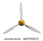 Sport plane white propeller screw with yellow cover cap. Airplane air screw of engine part for designers. Aircraft plane screw propeller. White yellow windmill. Three blades Plane airscrew