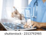 Small photo of Doctor AI, artificial intelligence in modern medical technology and IOT automation. Doctor using AI document management concept.
