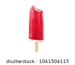 Bitten Fresh Red Strawberry or Raspberry Frozen Popsicle isolated on white with room for your text