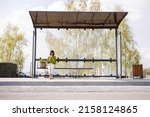 Woman with flowerpot at modern bus stop outdoors, wide front view with copy space. Concept of public transportation and sustainability