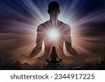Woman doing yoga in front of giant silhouette of man with universe
