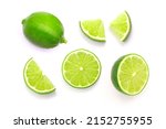 Fresh lime isolated on white background , slices lime collection top view. flat lay.