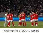 Small photo of Italy, Milan, apr 19 2023: starting line up of SL Benfica in center field incite each other prior the kick-off during soccer game FC INTER vs SL BENFICA, QF 2st leg UCL 2022-2023 San Siro stadium