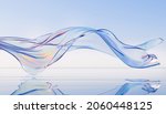 3d render abstract background in nature landscape. Transparent glossy glass ribbon on water. Holographic curved wave in motion. Iridescent design element for banner background, wallpaper.