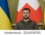 Small photo of Kyiv, Ukraine, October 20 2022: Ukrainian President Volodymyr Zelenskyy during a news conference with Swiss President Ignazio Cassis after their meeting.