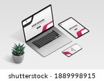 Web design studio promo page on laptop, tablet and phone display concept. Isometric view of desk with plant decoration