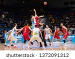 Small photo of KYIV, UKRAINE - FEBRUARY 22, 2019: Opening tip off play. Viacheslav Kravtsov and Bojan Dubljevic. FIBA World Cup 2019 European Qualifiers game Ukraine v Montenegro